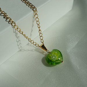 Green heart lampwork pendant gold chain non tarnish jewelry waterproof necklace